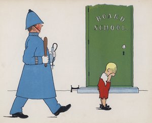Wonderful England: Policeman returning young truant to his lessons 